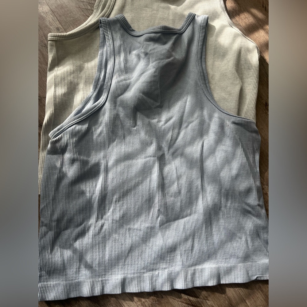 Blue Ribbed Scoop Neck Sleeveless Tank Top
